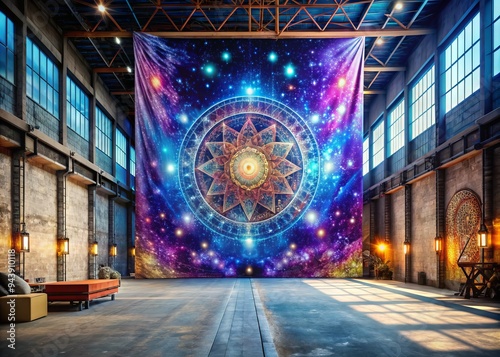 Cosmic Industrial Tapestry - Celestial, geometric patterns, iridescent accents, warehouse as a cosmic portal, dreamy atmosphere photo