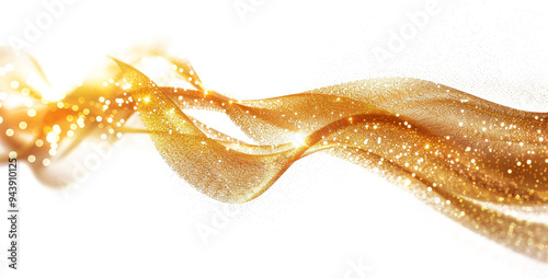 Golden shimmering wave with sparkling particles flowing against a bright background