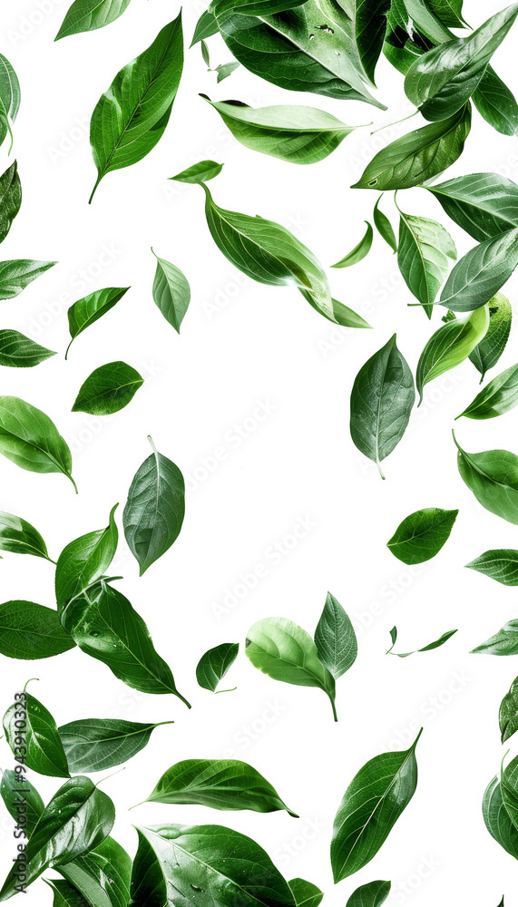A lush arrangement of vibrant green leaves falling on a white background in bright daylight A lush arrangement of vibrant green leaves falling on a white background in bright daylight