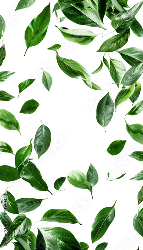 A lush arrangement of vibrant green leaves falling on a white background in bright daylight