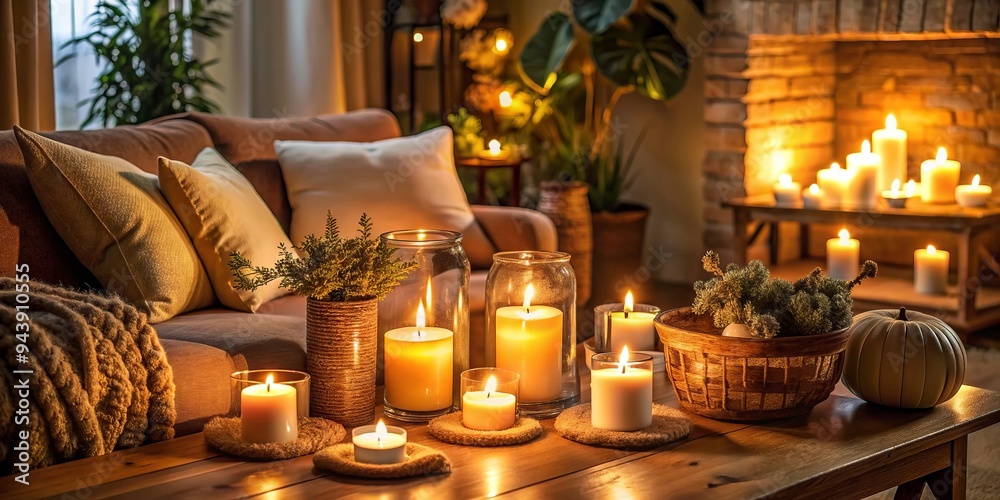 Cozy Ambience: Warm, inviting, calm, earthen tones, flickering candlelight Cozy Ambience: Warm, inviting, calm, earthen tones, flickering candlelight
