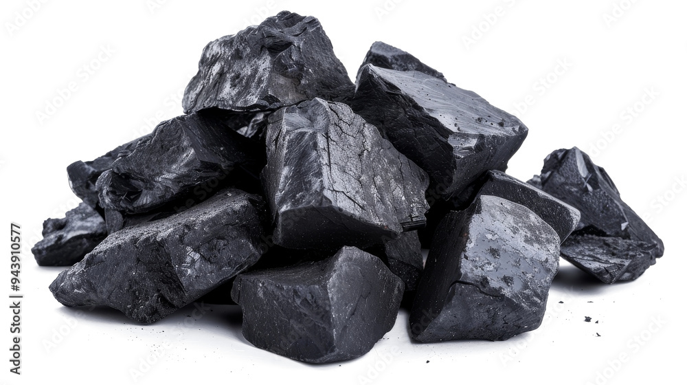 A collection of raw coal pieces is seen resting on a white surface
