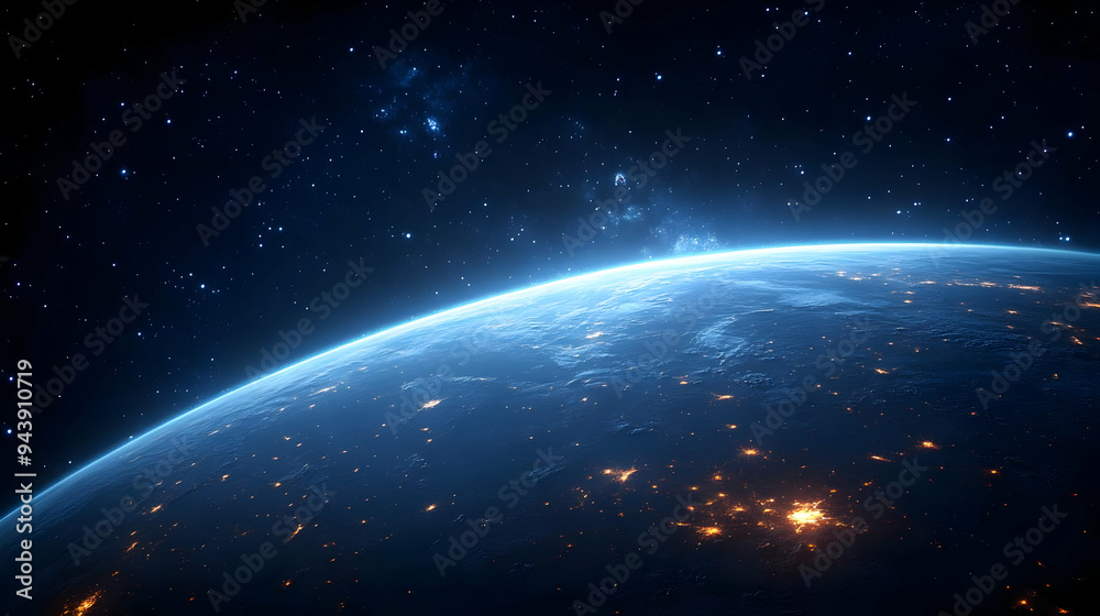 Naklejka premium Night view of Earth from space showing city lights with stars and a galaxy in the background.