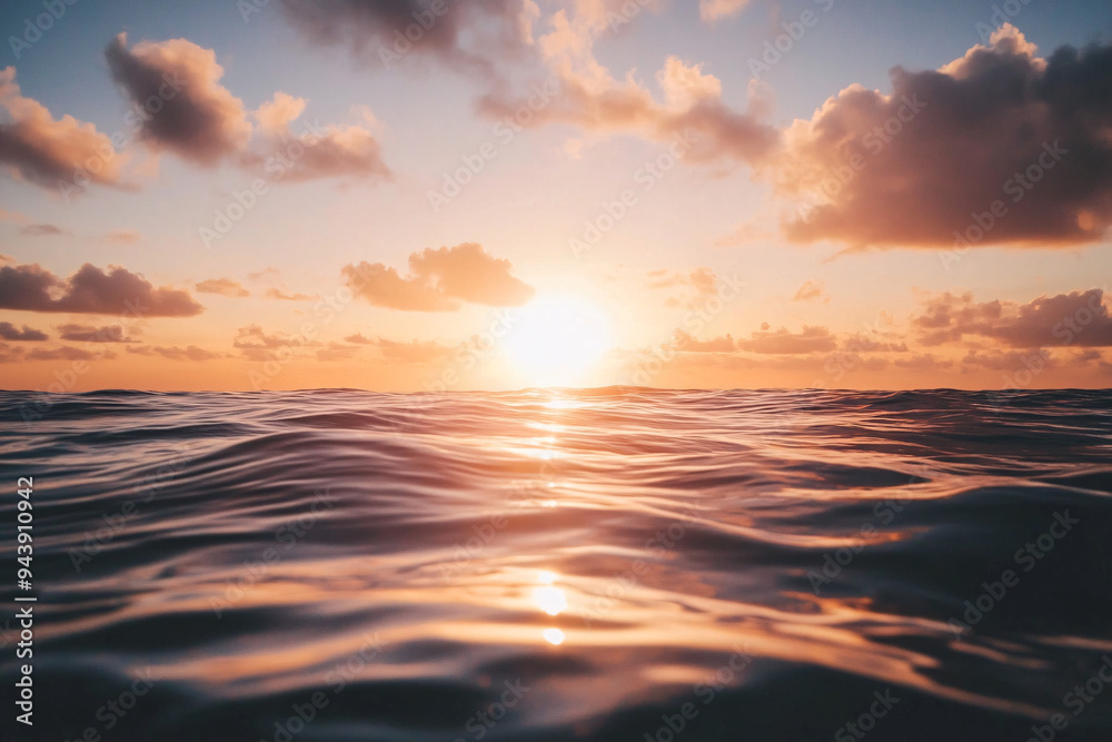 Fototapeta premium The sun is setting over the ocean, casting a warm glow on the water