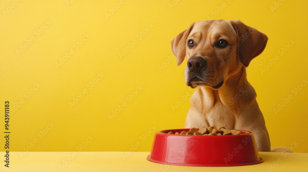 dog and food bowl on clean background with space for text or graphic design. dog and food bowl on clean background with space for text or graphic design.