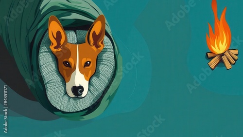 Dog nestled in a cozy bedroll, campfire crackling nearby, flat design illustration photo