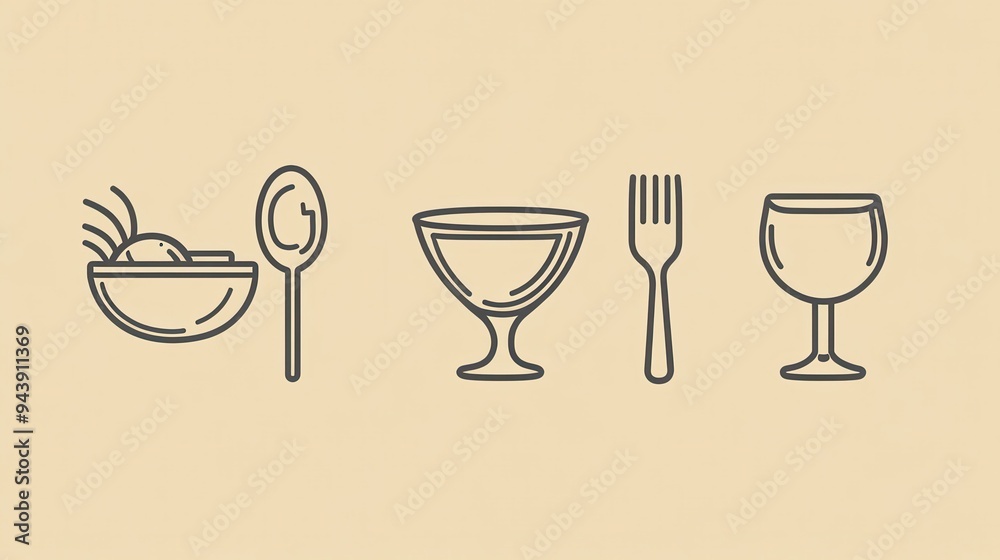 This set showcases elegant line art of dining elements including bowls, spoons, forks, and glasses for refined restaurant design This set showcases elegant line art of dining elements including bowls, spoons, forks, and glasses for refined restaurant design
