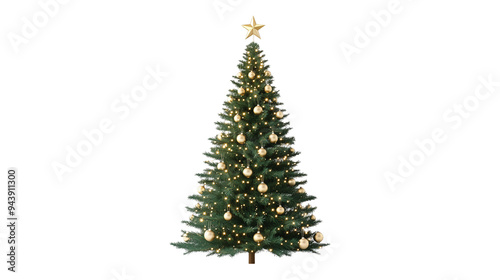 Christmas tree with golden ornament isolated on white background