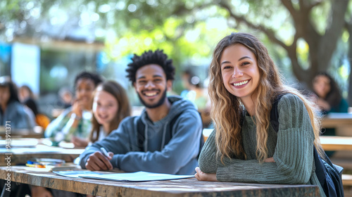 Smiling teachers instructing students in a modern outdoor classroom, collaborative learning
