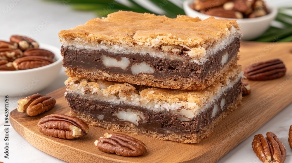 These homemade pecan bars feature layers of chocolate and coconut, beautifully presented on a wooden board. Enjoy them as a delightful treat for friends and family These homemade pecan bars feature layers of chocolate and coconut, beautifully presented on a wooden board. Enjoy them as a delightful treat for friends and family