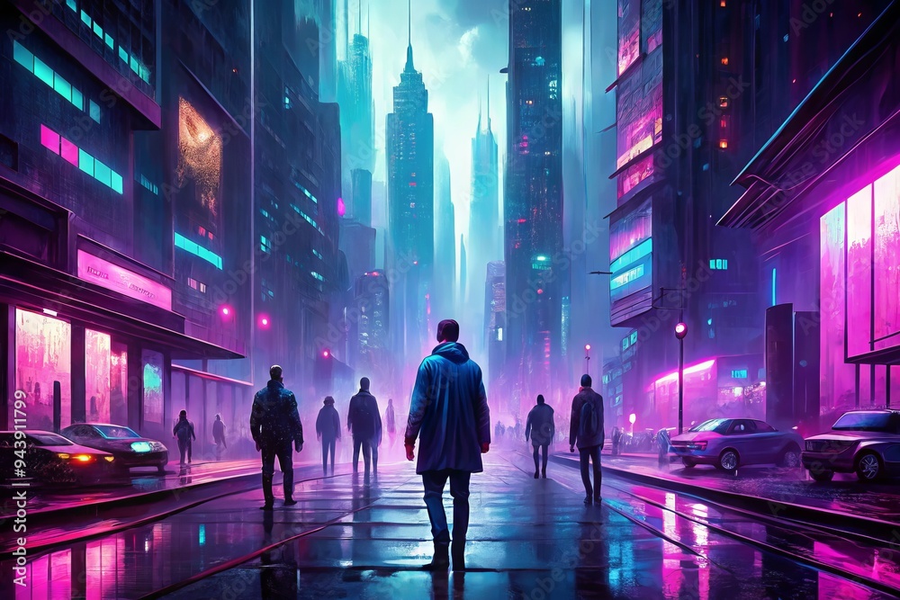 Cyberpunk Cityscape Noir: Neon-lit skyscrapers, rain-slicked streets, shadowy figures, dark purple and blue hues, AI-generated street art Cyberpunk Cityscape Noir: Neon-lit skyscrapers, rain-slicked streets, shadowy figures, dark purple and blue hues, AI-generated street art