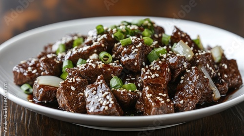 Teriyaki beef with sesame seeds and onions, served on a white plate, dark wooden table background, highlighting the dish's vibrant flavors and presentation.