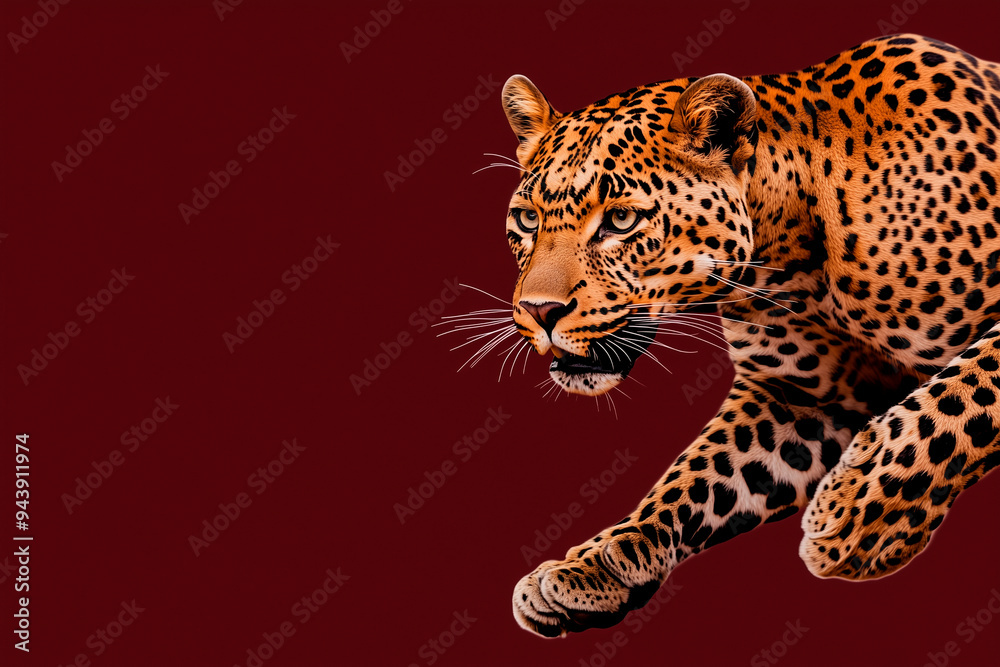 Obraz premium A high-contrast design showcasing a hunting leopard, highlighted with gold and deep brown tones, moving across a rich cherry-brown background. The banner includes the text 