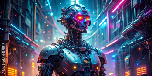 Cyberpunk Cyborg: Neon lights, glowing circuits, futuristic machinery, artificial intelligence.