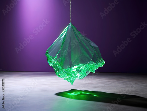 A large green diamond falls to the concrete floor, turns into a violet cloth, inflates and flies away photo