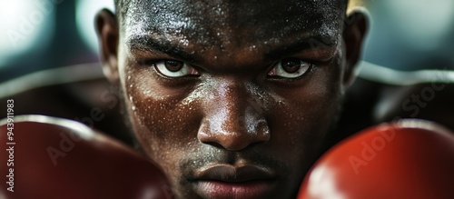 Close-up Portrait of a Sweaty Boxer with Intense Gaze photo