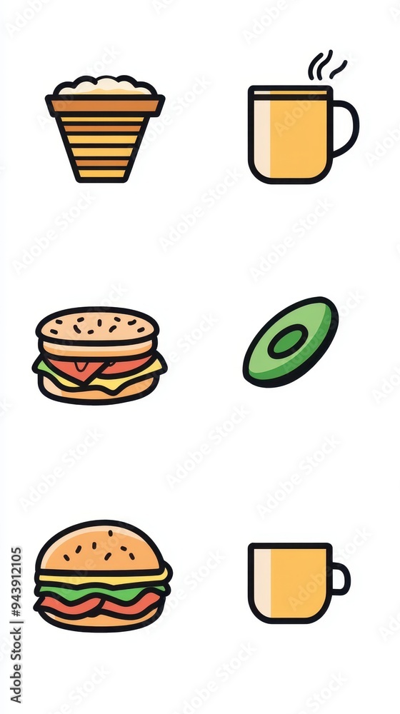 This graphic features sleek food line icons representing various snacks, drinks, and meals in a modern style, ideal for culinary projects This graphic features sleek food line icons representing various snacks, drinks, and meals in a modern style, ideal for culinary projects