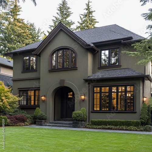 Dark khaki olive grey stucco house, black roof,black window frames, dark brown garage door 