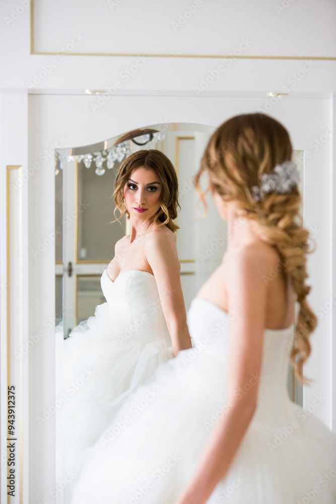 Portrait of Bride Looking in Mirror, Toronto, Ontario, Canada Portrait of Bride Looking in Mirror, Toronto, Ontario, Canada