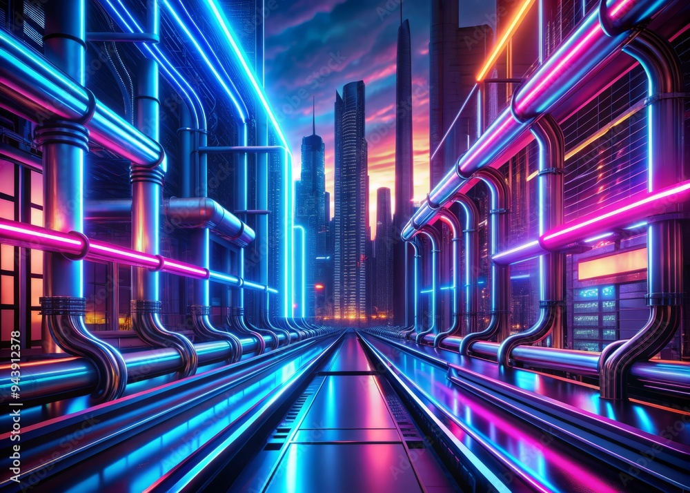 Cyberpunk Neon Pipeline: Sharp neon lines, metallic surfaces, and a futuristic aesthetic evoke a high-tech delivery network in a cyberpunk city. Cyberpunk Neon Pipeline: Sharp neon lines, metallic surfaces, and a futuristic aesthetic evoke a high-tech delivery network in a cyberpunk city.