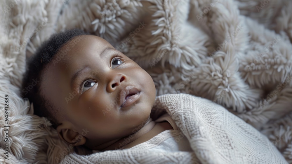 Black baby lying on a soft blanket, looking up with wonder