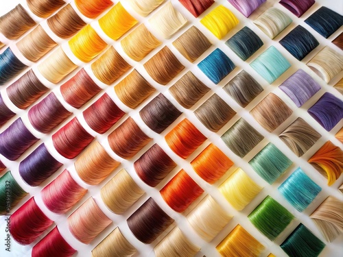 A colorful array of hair swatches in various shades and textures, neatly organized on a white background, showcasing a range of hues and styles for reference. photo