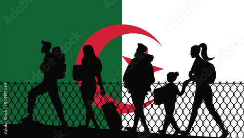 Immigration and refugees front of Algeria flag, immigrant and refugee concept, Algeria immigrants, refugee day, freedom and human rights idea, poverty and illegal immigrants