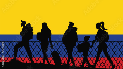 Immigration and refugees front of Colombia flag, immigrant and refugee concept, Colombia immigrants, refugee day, freedom and human rights idea, poverty and illegal immigrants