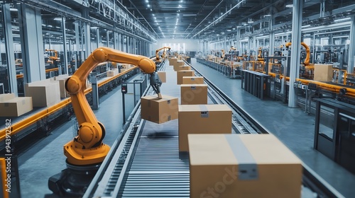 A high-tech factory floor with robotic arms neatly arranged, carrying out precise cardboard packaging in an industrial setting. The scene is captured from above, showcasing the advanced technology