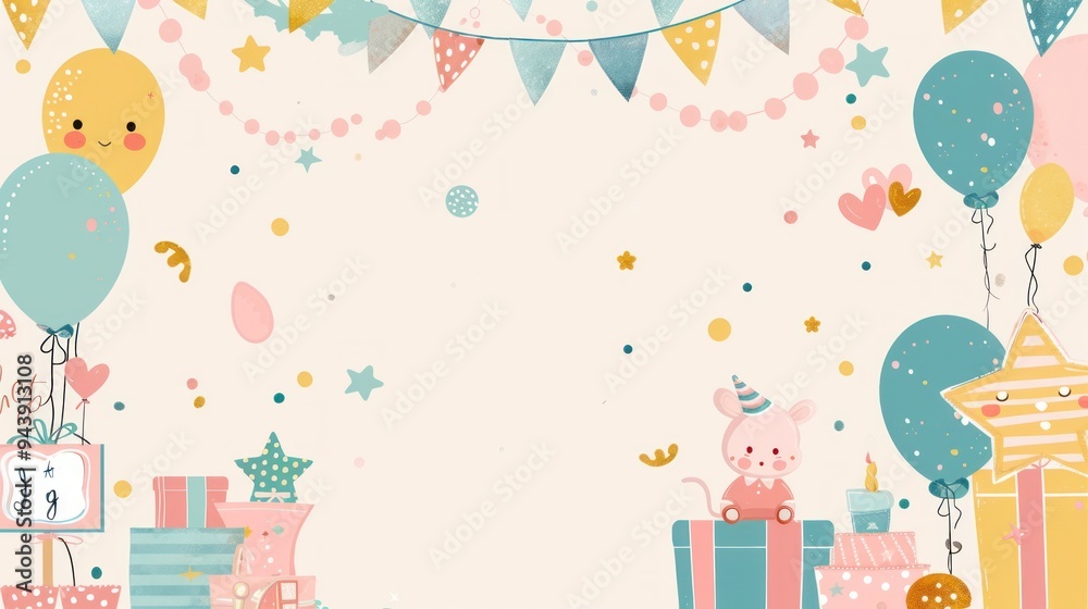 Baby shower invitation with cute baby-themed illustrations and decorations Baby shower invitation with cute baby-themed illustrations and decorations