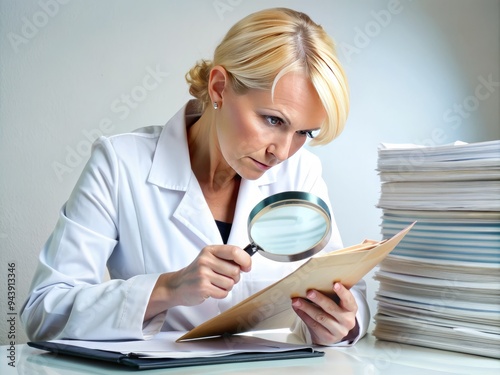 Disease Detective: A medical professional using a magnifying glass to search for clues in medical records.