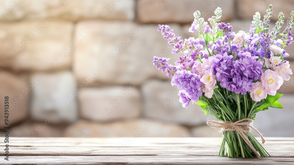 A beautiful bouquet features purple hydrangeas, pink roses, and lavender delphiniums, arranged with green stock flowers and yellow carnations on a rustic wooden table A beautiful bouquet features purple hydrangeas, pink roses, and lavender delphiniums, arranged with green stock flowers and yellow carnations on a rustic wooden table