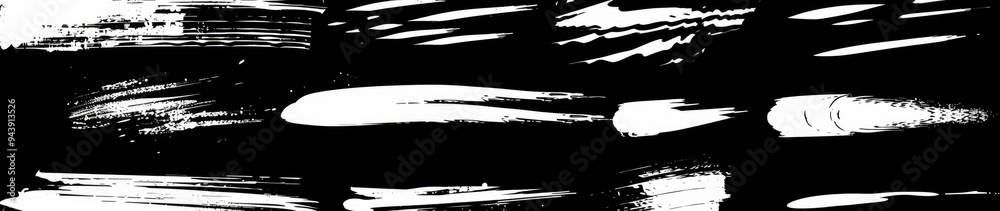 Simple white brush strokes of various shapes and sizes on a black background in the digital art style Simple white brush strokes of various shapes and sizes on a black background in the digital art style