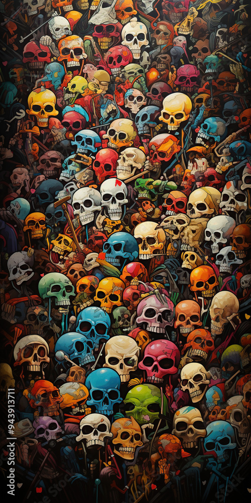 A vibrant and colorful collection of skulls, with a variety of colors and designs. A vibrant and colorful collection of skulls, with a variety of colors and designs.