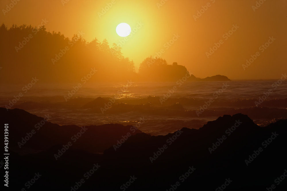 Golden sunset light over the silhouetted rock and trees along the coastline at Cape Scott on Vancouver Island, BC, Canada; British Columbia, Canada Golden sunset light over the silhouetted rock and trees along the coastline at Cape Scott on Vancouver Island, BC, Canada; British Columbia, Canada