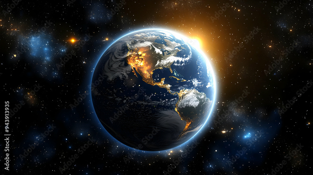 Naklejka premium Planet Earth with the Americas, city lights, and a rising sun.