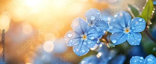 Closeup of delicate blue flowers with water droplets against a blurred yellow and white background.