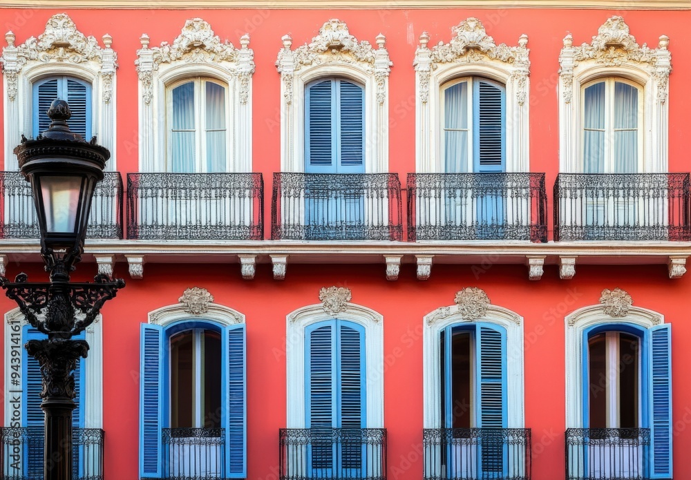 Fototapeta premium A building with ornate balconies and colorful walls.
