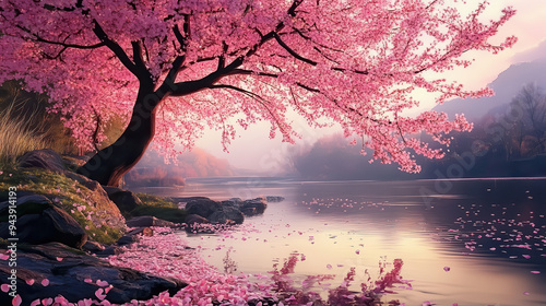 beautiful pink sakura tree japanese art background