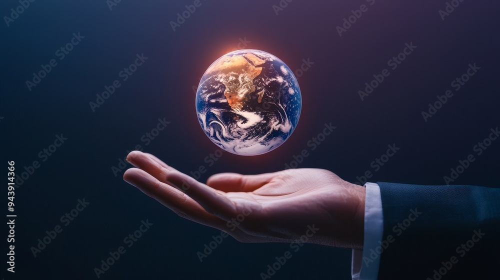 Glowing hologram of the Earth floating above an open hand, with a dark blue and purple background adding depth and mystery Glowing hologram of the Earth floating above an open hand, with a dark blue and purple background adding depth and mystery