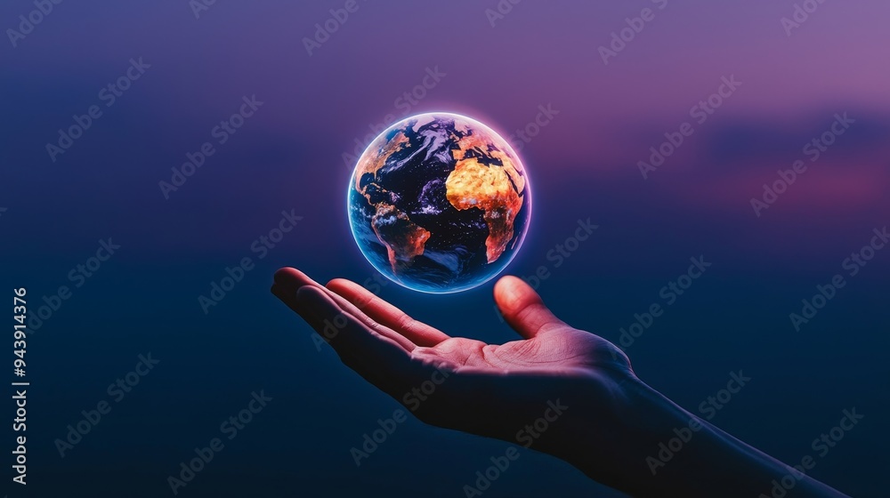 Glowing hologram of the Earth floating above an open hand, with a dark blue and purple background adding depth and mystery Glowing hologram of the Earth floating above an open hand, with a dark blue and purple background adding depth and mystery