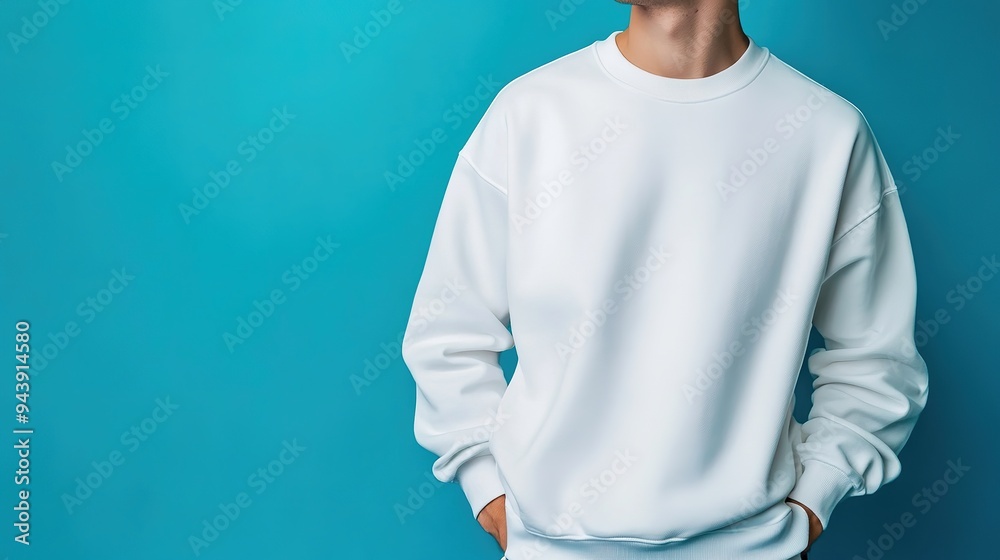Young man wearing white sweatshirt mockup, at blue background. Design pullover template, print presentation mock-up. copy space for text. Young man wearing white sweatshirt mockup, at blue background. Design pullover template, print presentation mock-up. copy space for text.