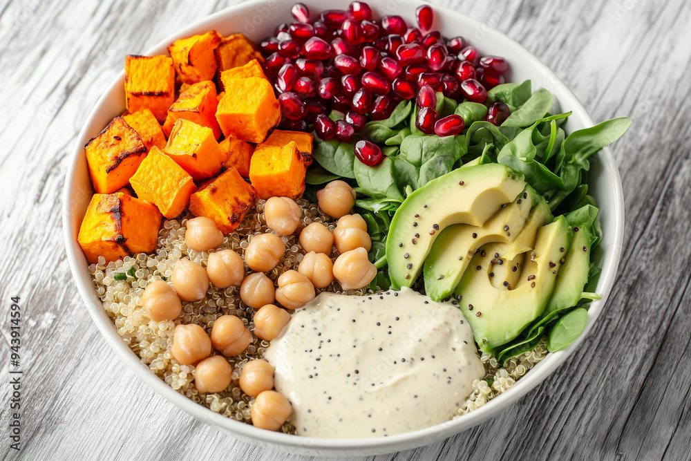 Vegan Bowl with A nourishing vegetarian healthy bowl with mixed of healthy food for woman and vegan lifestyle Vegan Bowl with A nourishing vegetarian healthy bowl with mixed of healthy food for woman and vegan lifestyle