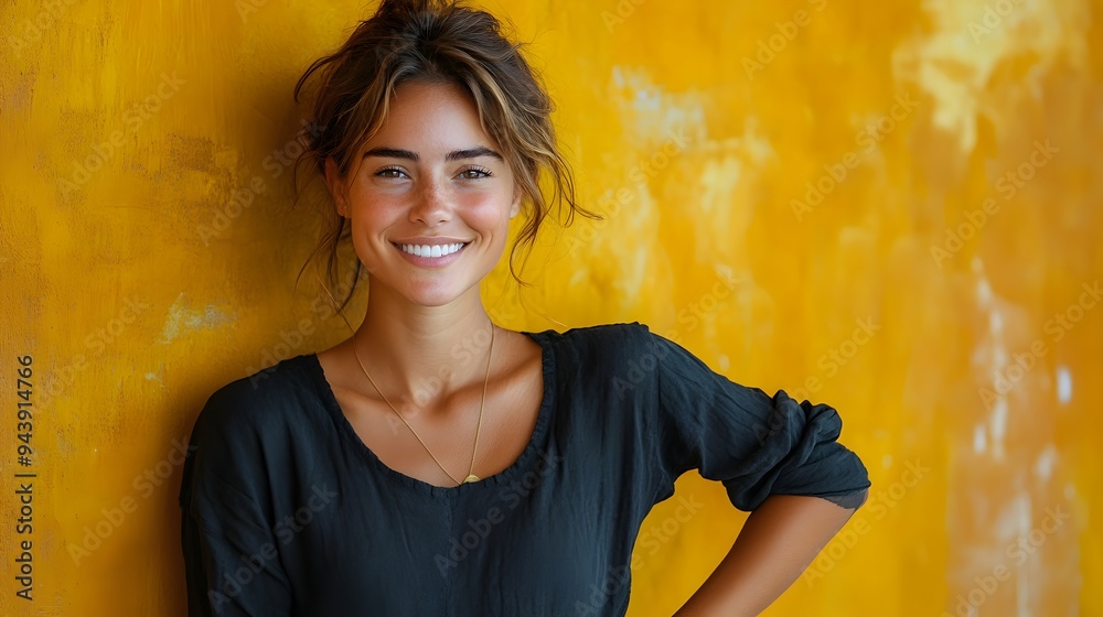 Fototapeta premium Confident relaxed individual resting hand on hip and smiling confidently against a plain isolated background with ample copy space for text or design elements This minimalist