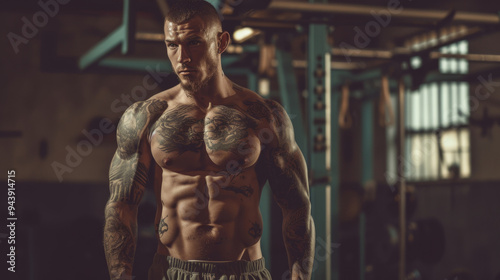 A man who has various tattoos covering his chest and arms is standing in a gym