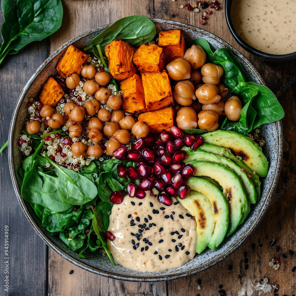 Vegan  Bowl with A nourishing vegetarian healthy bowl with mixed of healthy food for woman and vegan