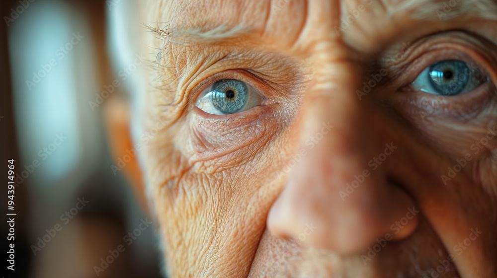 Close-up of an elderly man's face, focusing on his deep blue eyes and wrinkled skin, capturing the details of age and wisdom. Close-up of an elderly man's face, focusing on his deep blue eyes and wrinkled skin, capturing the details of age and wisdom.
