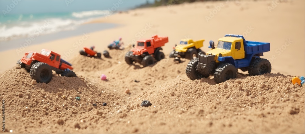 Heap sand with plastic toys at the beach, Summer seaside vacation concept Heap sand with plastic toys at the beach, Summer seaside vacation concept