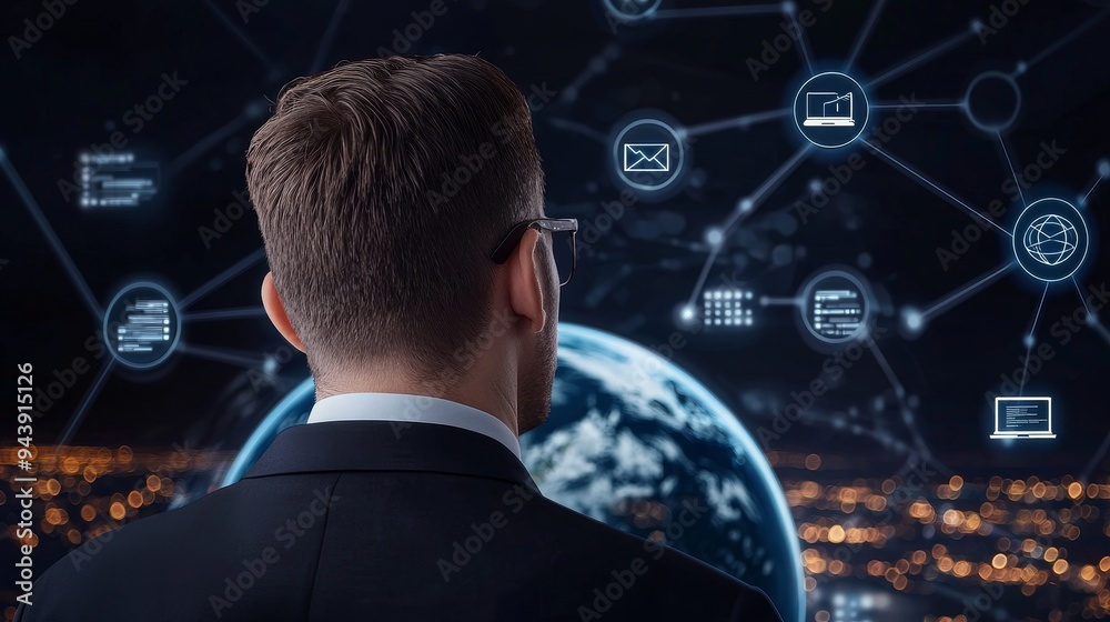 Professional in front of illuminated Earth, network icons, city background, flat design illustration Professional in front of illuminated Earth, network icons, city background, flat design illustration
