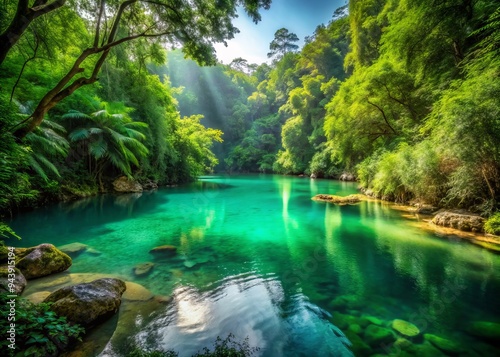 Emerald Lagoon: Emerald-green water, lush vegetation, tranquil atmosphere, soft lighting, earthy tones